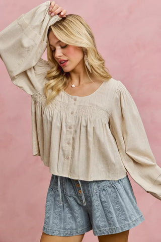 SO ME Linen Blend Woven Long Sleeve With Smocking Top - Glamourous Grace