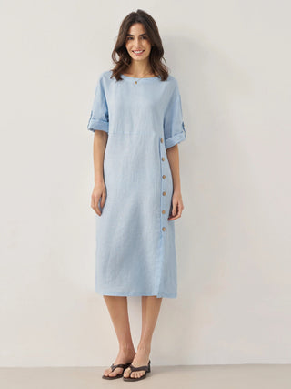 100% Linen Round Neck Button Detail Midi Dress JELENA - Glamourous Grace