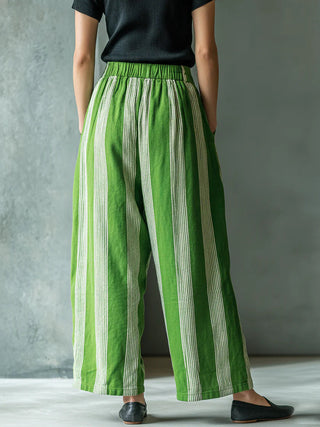 Autumn New European And American Cross-Border Women's Loose Casual Vacation Style Linen Striped Wide-Leg Pants With A High-End Feel