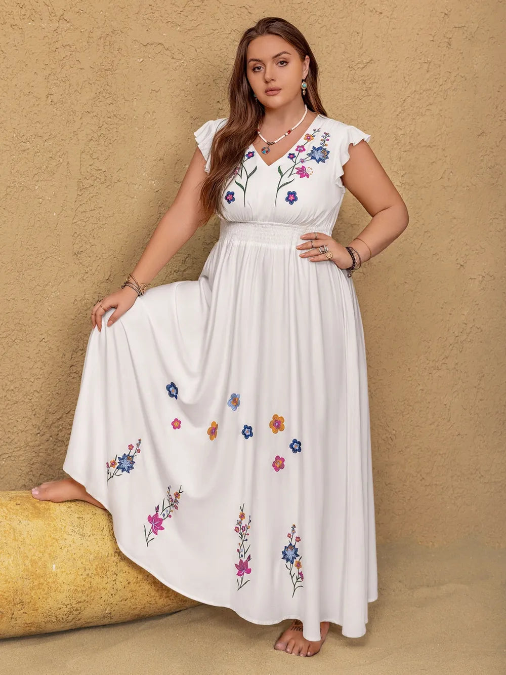 Plus Size Embroidered Floral V-Neck Cap Sleeve Maxi Dress - Glamourous Grace