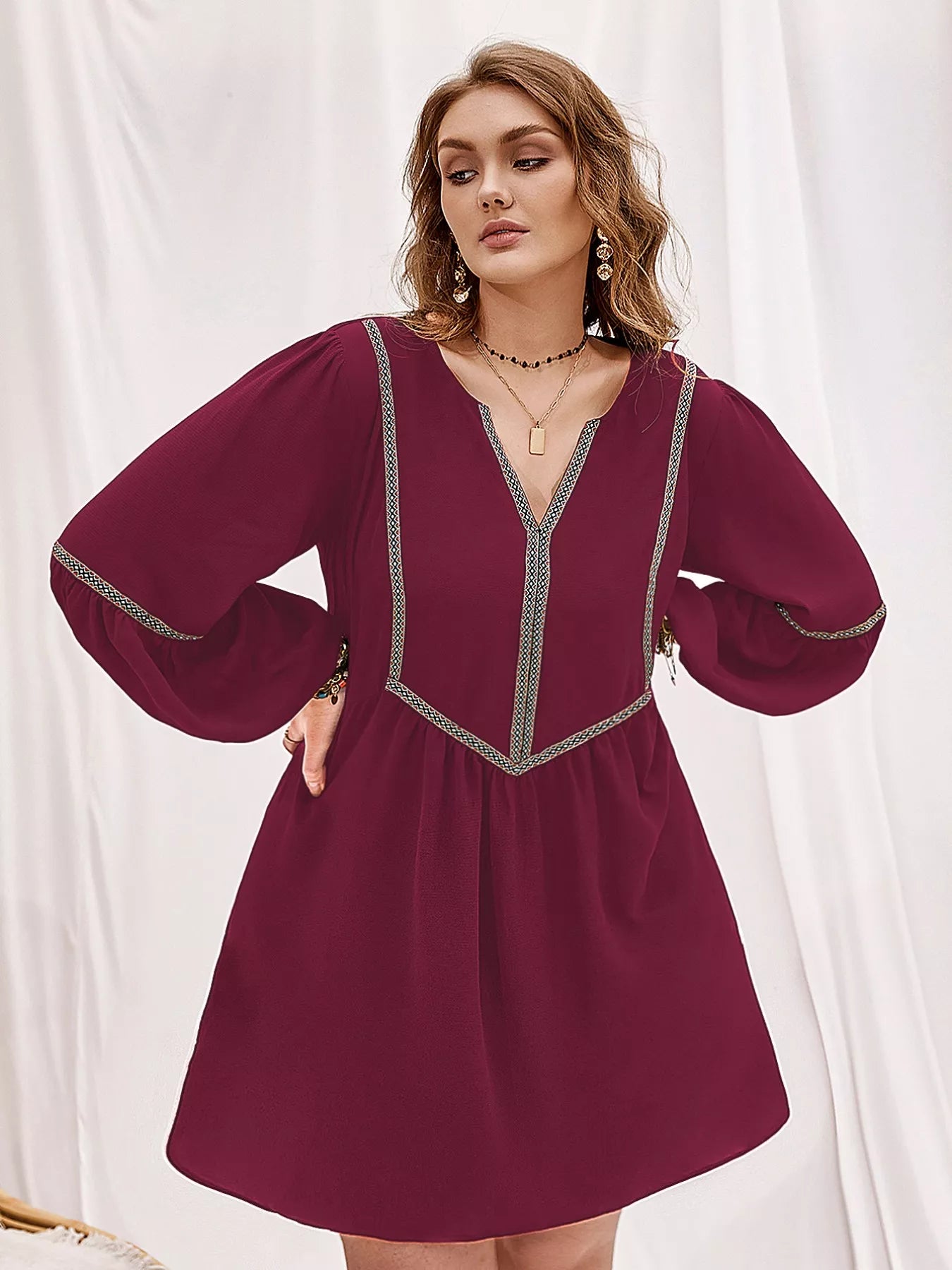 Plus Size Notched Balloon Sleeve Mini Dress - Glamourous Grace