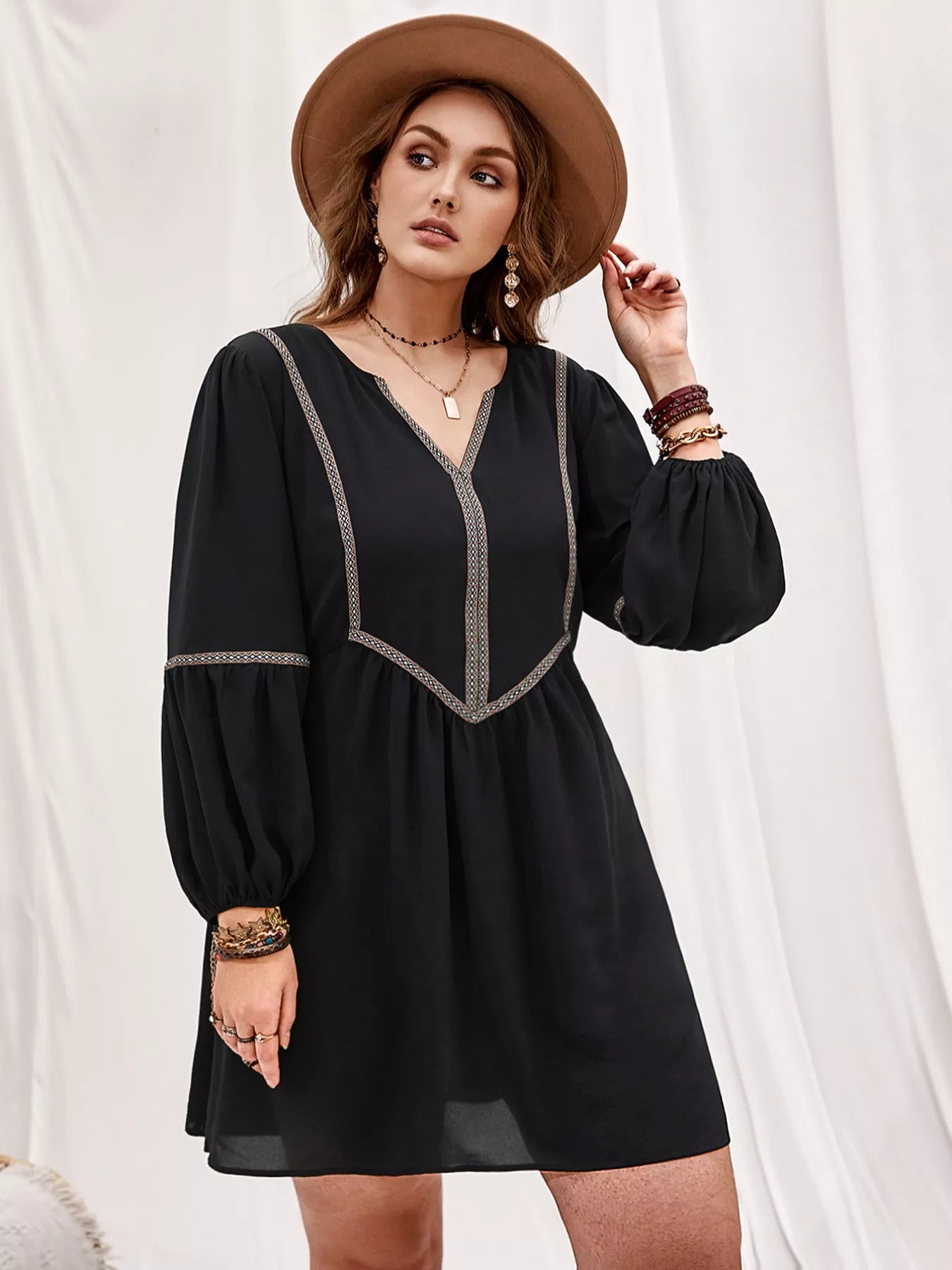 Plus Size Notched Balloon Sleeve Mini Dress - Glamourous Grace