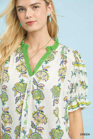 Umgee Abstract Border Print V-Neck Top - Glamourous Grace