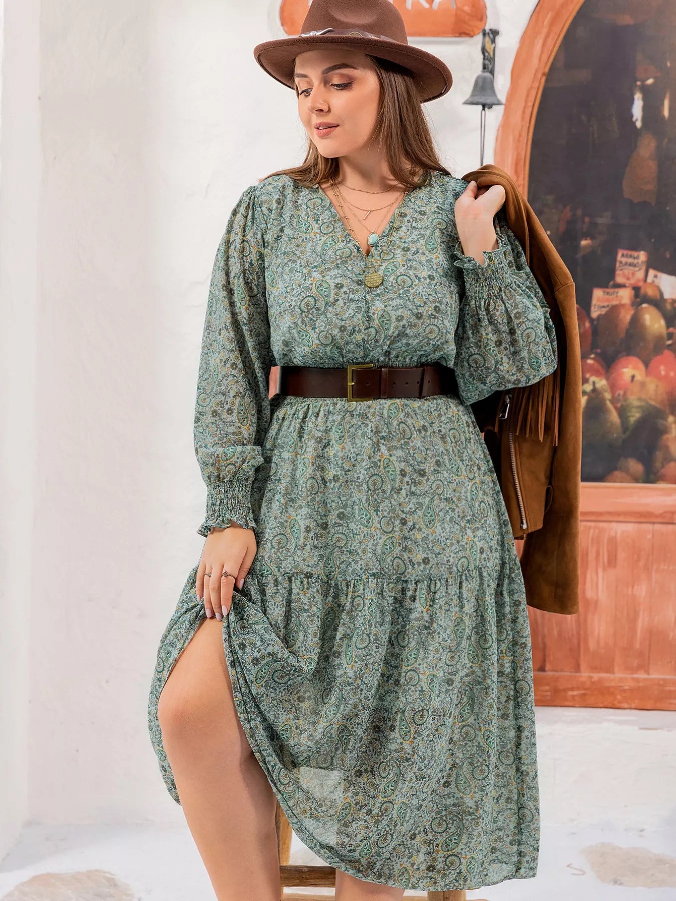Plus Size Printed V-Neck Long Sleeve Midi Dress - Glamourous Grace
