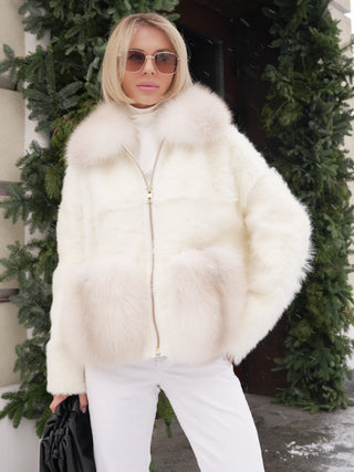 Elysian Genuine Polar Fox Trim Shearling Jacket