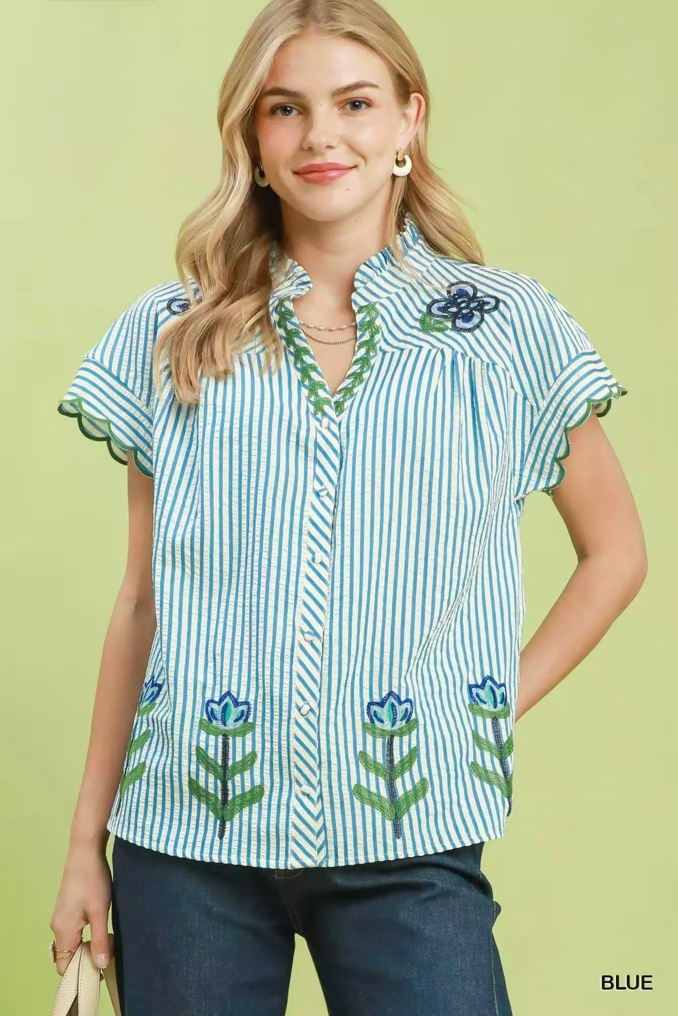 Umgee Embroidered Stripe Button Front Top - Glamourous Grace