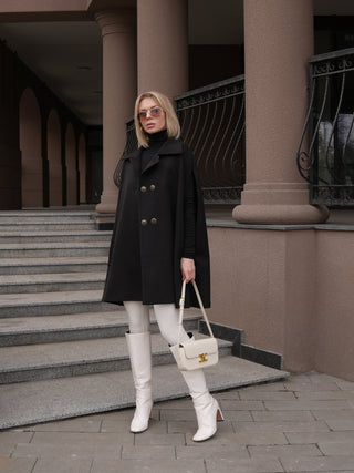 Paris Cashmere Bland Cape Coat in Black