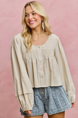SO ME Linen Blend Woven Long Sleeve With Smocking Top - Glamourous Grace