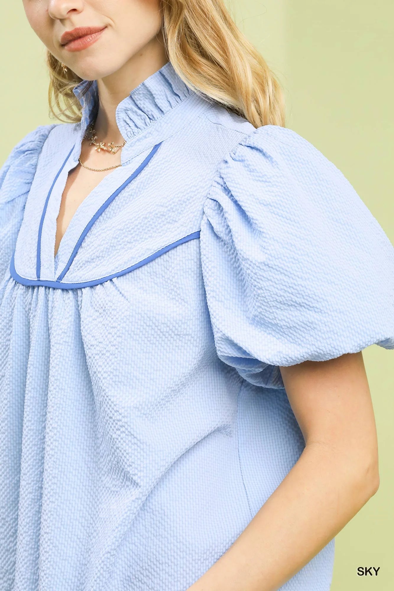 Umgee Textured Puff Sleeve Blouse in Sky - Glamourous Grace