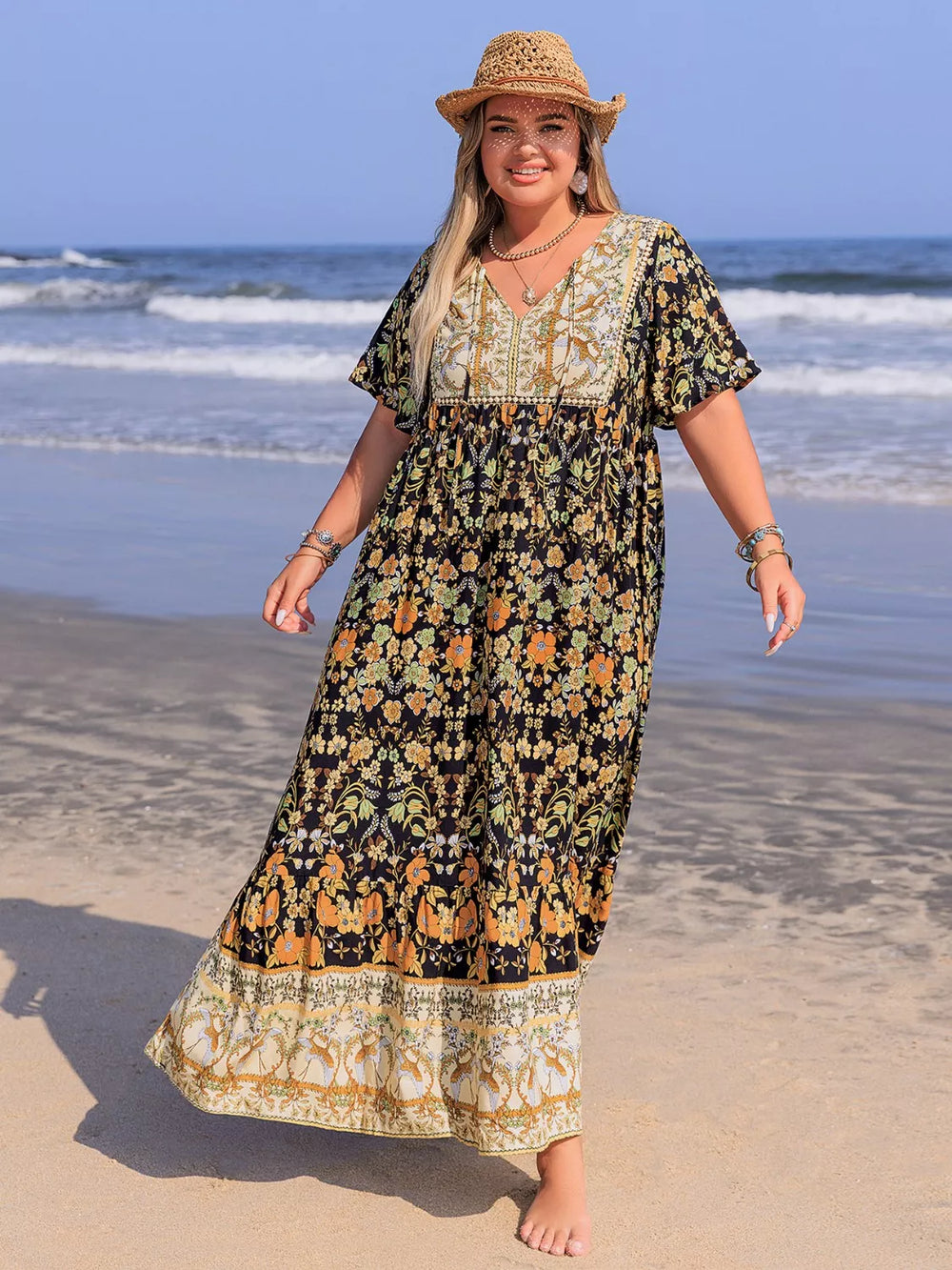 Plus Size Bohemian Floral Tiered Maxi Dress - Glamourous Grace