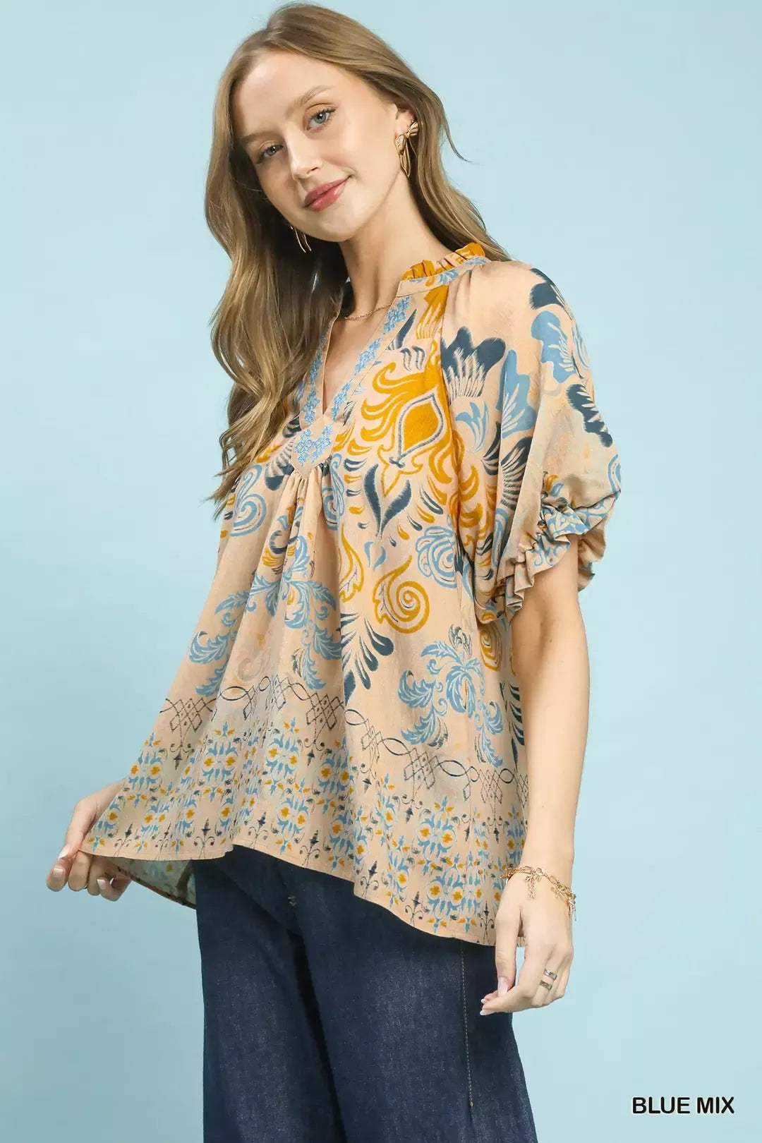 Umgee Border Print Puff Sleeve V-Neck Blouse - Glamourous Grace