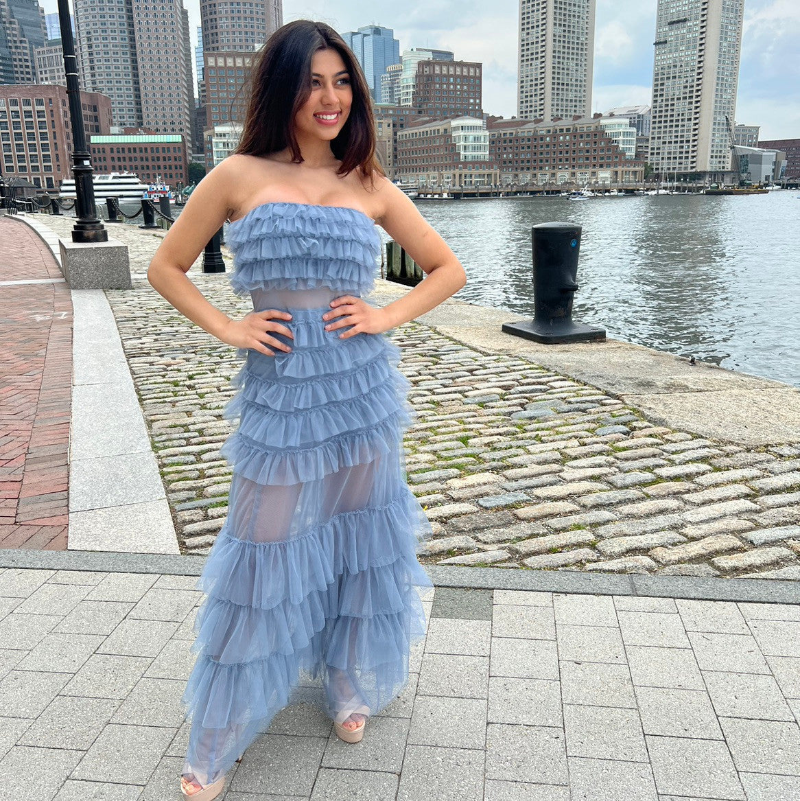 Georgia Maxi Dress - Smoky Blue - Ruffle Tulle Dress With Sheer Detail - Glamourous Grace