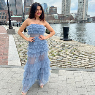 Georgia Maxi Dress - Smoky Blue - Ruffle Tulle Dress With Sheer Detail - Glamourous Grace