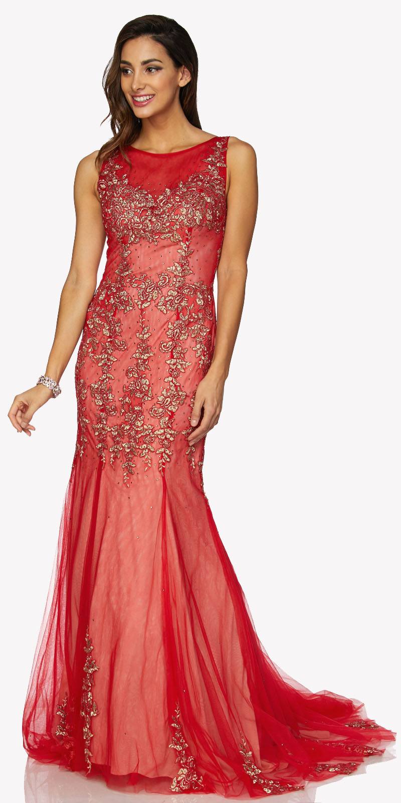 Juliet 656 Sleeveless Appliqued Mermaid Gown Godets and Train - Glamourous Grace
