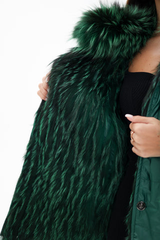 Reversible Genuine Silver Fox  Down Fill Coat in Emerald