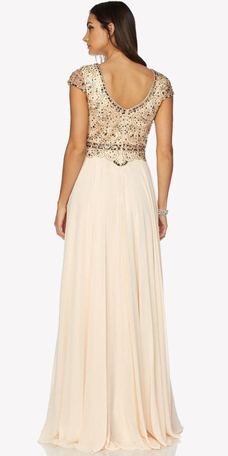 Juliet 657 Cap Sleeves Beaded Bodice A-line Long Dress