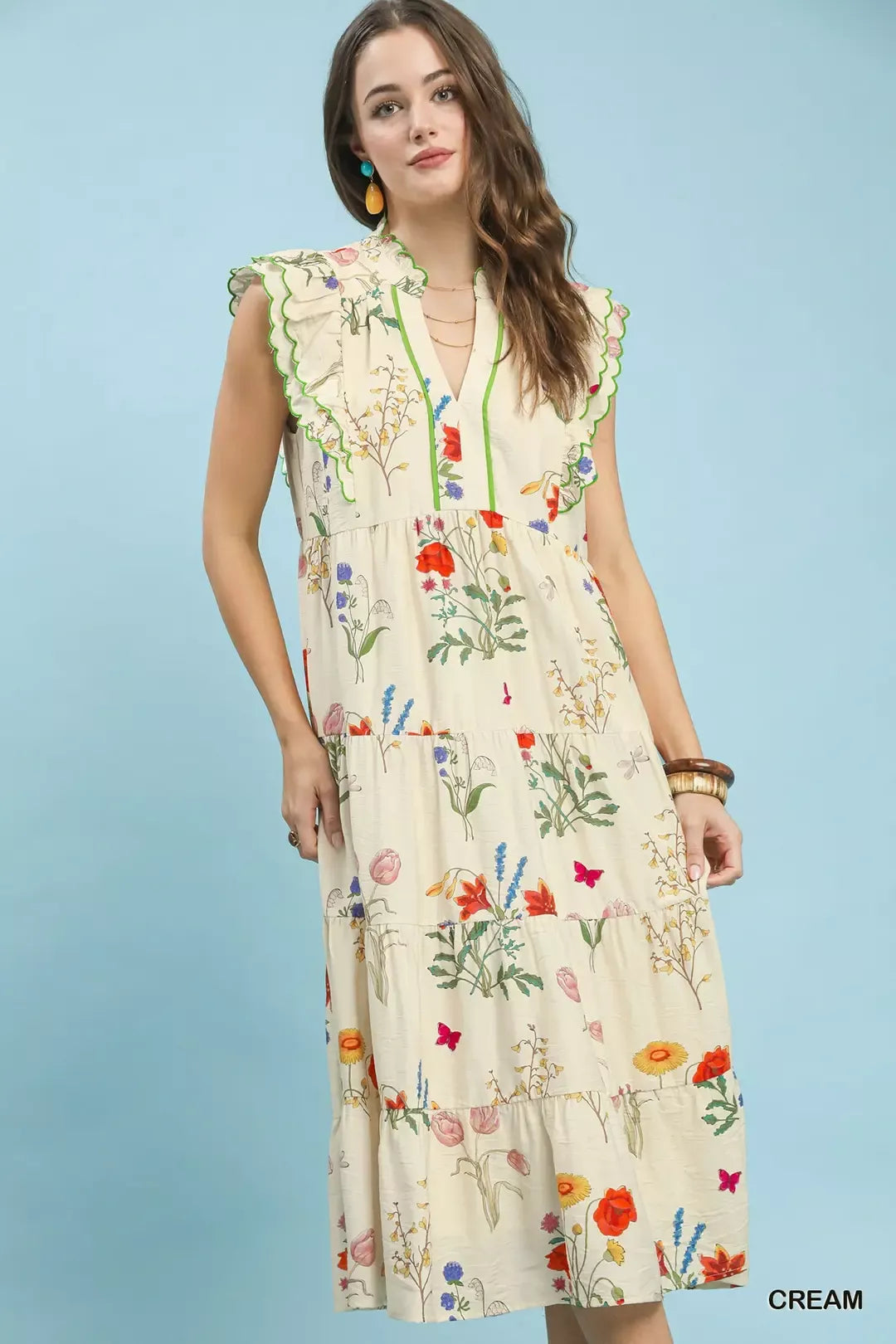 Umgee Floral Ruffle Tiered Midi Dress with Scalloped Detail - Glamourous Grace
