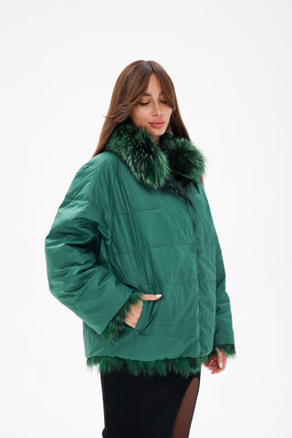 Reversible Genuine Silver Fox  Down Fill Coat in Emerald