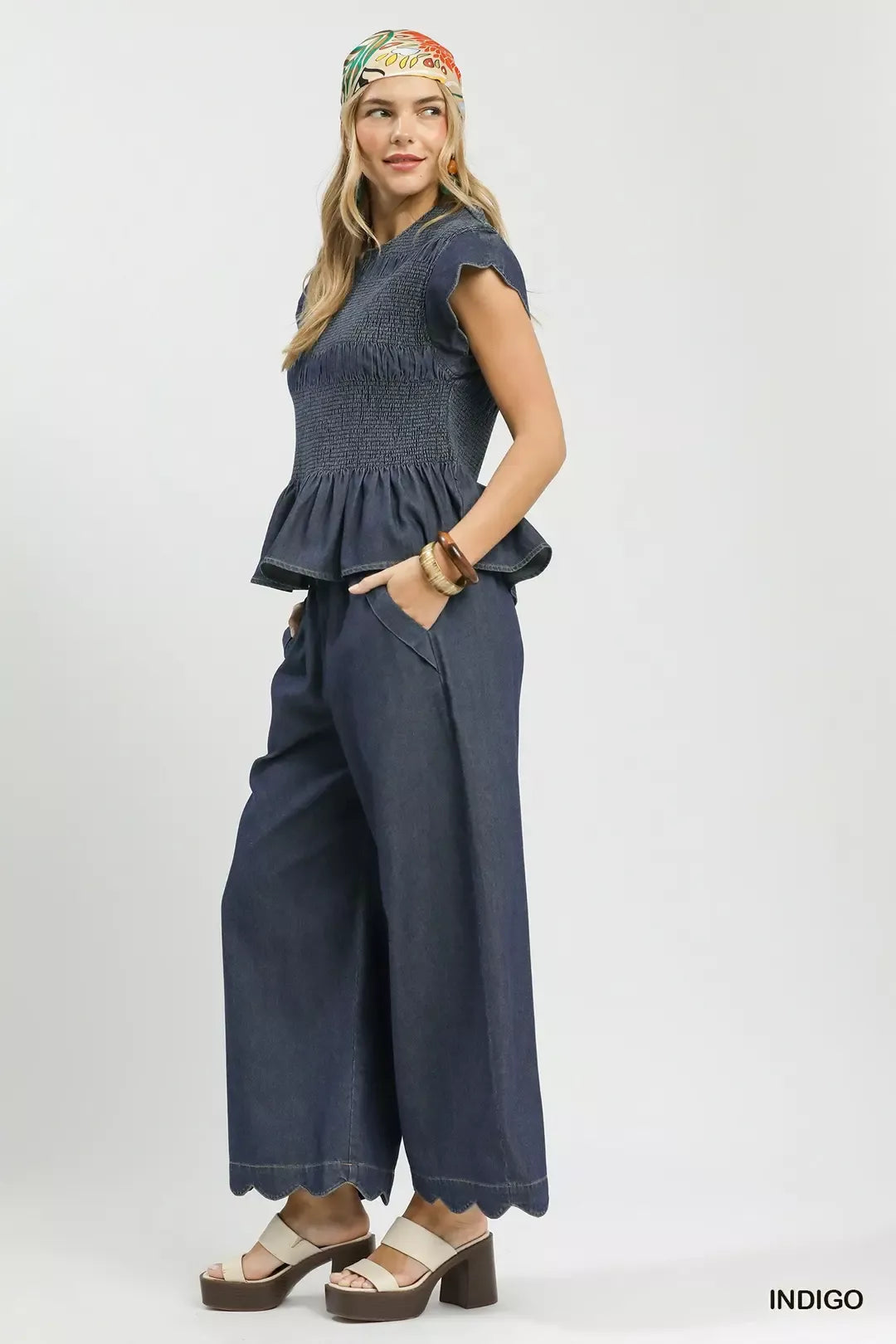 Umgee Smocked Peplum Top with Scalloped Ruffle Cap Sleeves - Glamourous Grace