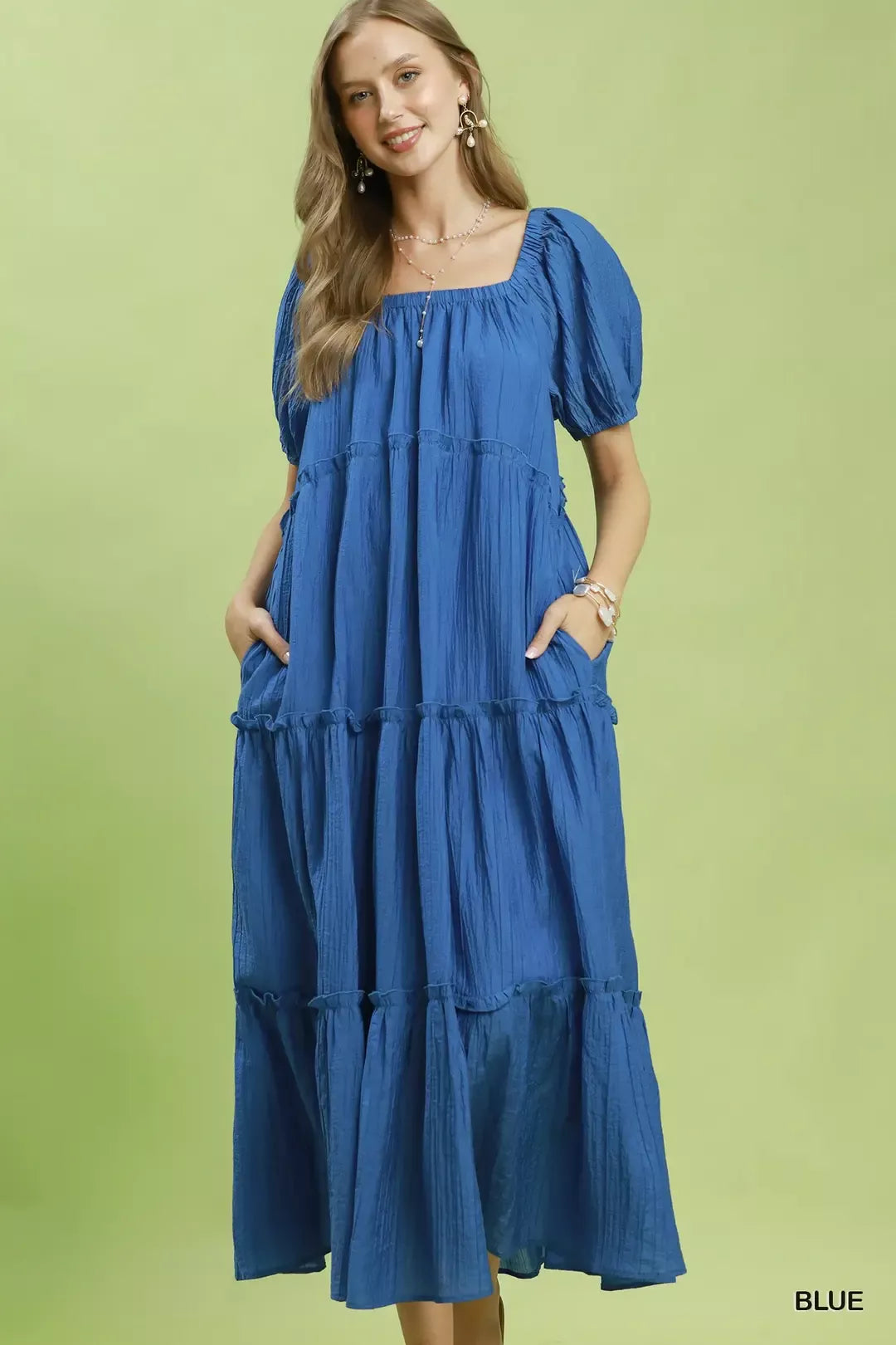 Umgee Textured Tiered Midi Dress in Blue - Glamourous Grace