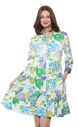 Delray Dress Linen Cotton Hydrangeas Print - Glamourous Grace