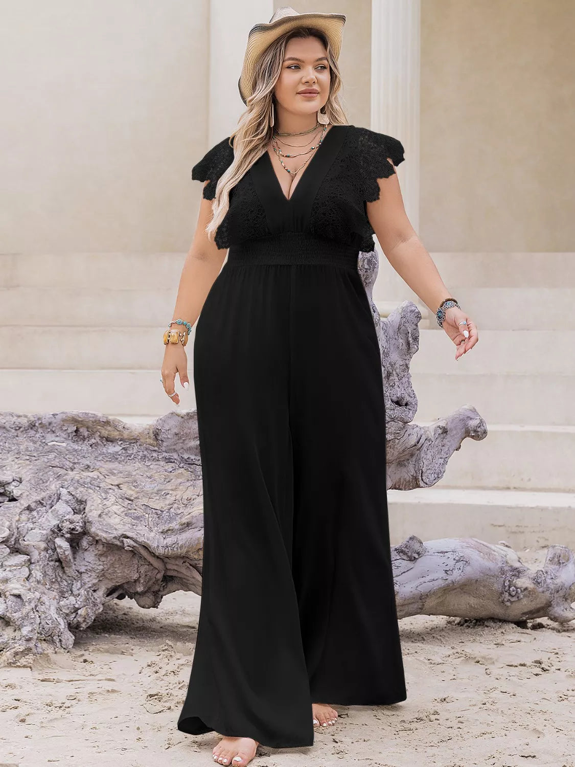 Plus Size Lace Cap Sleeve Wide Leg Jumpsuit - Glamourous Grace