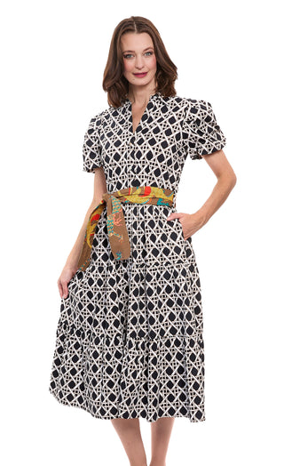 Litchfield Dress Black and White Wicker Print Cotton Stretch Poplin - Glamourous Grace
