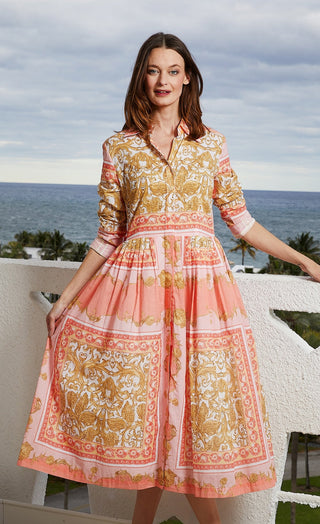 Tea Length Button Front Dress Scroll Print - Glamourous Grace