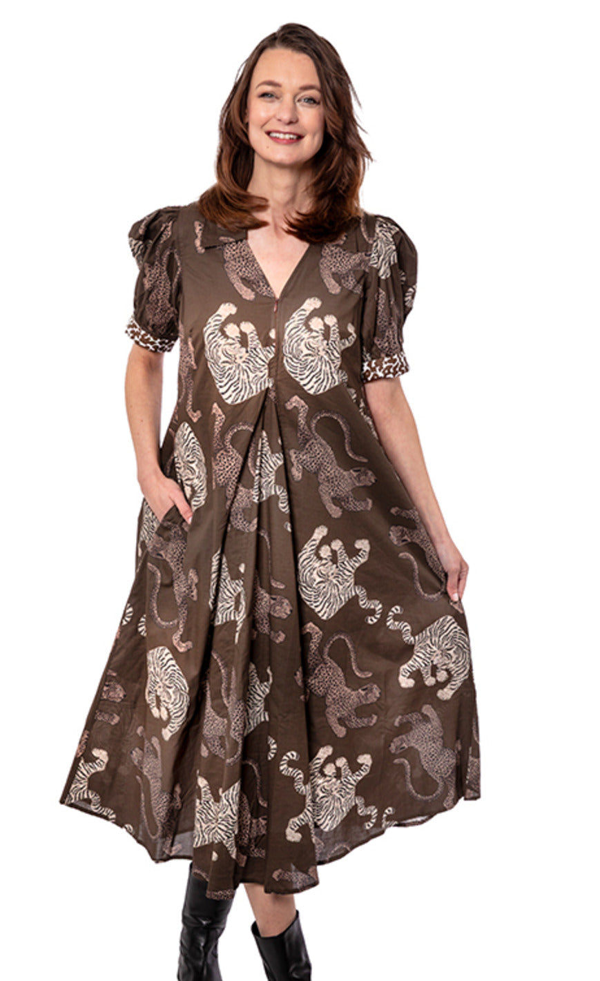 Montauk Dress Chocolate Ground with Cats - Glamourous Grace