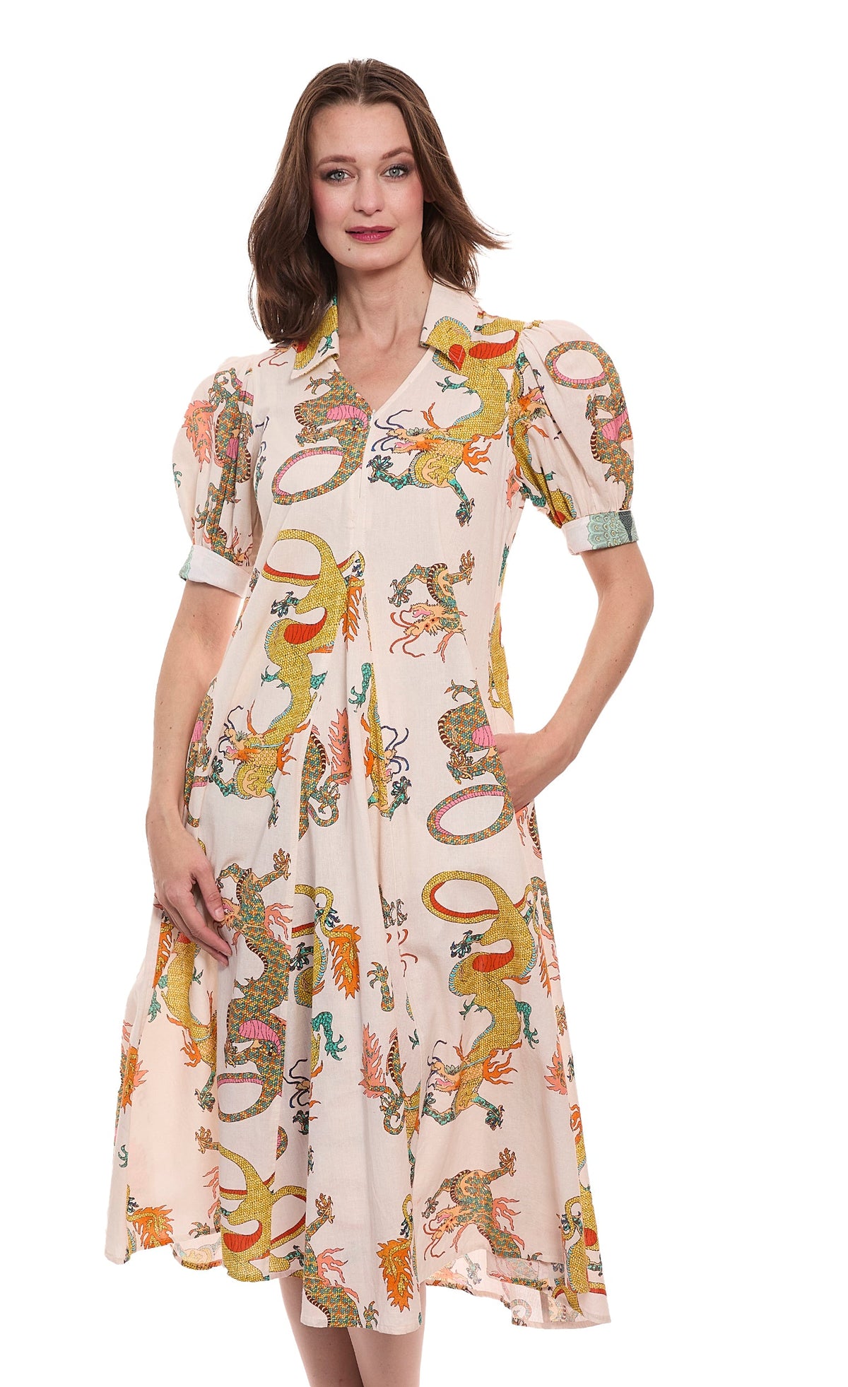 Montauk Dress Natural Dragon Print Cotton Linen - Glamourous Grace