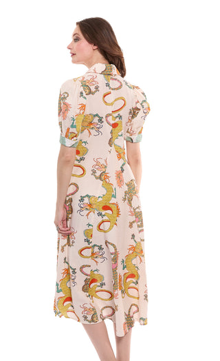 Montauk Dress Natural Dragon Print Cotton Linen - Glamourous Grace