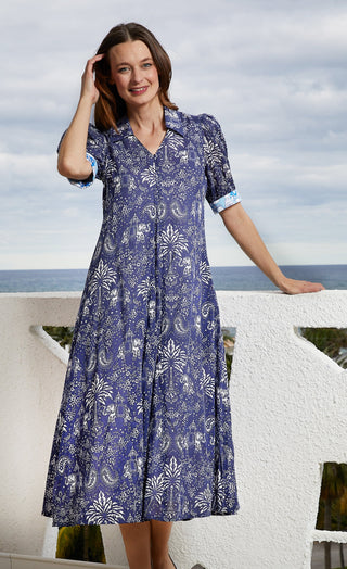 Montauk Dress Navy Elephants And Palm Trees - Glamourous Grace