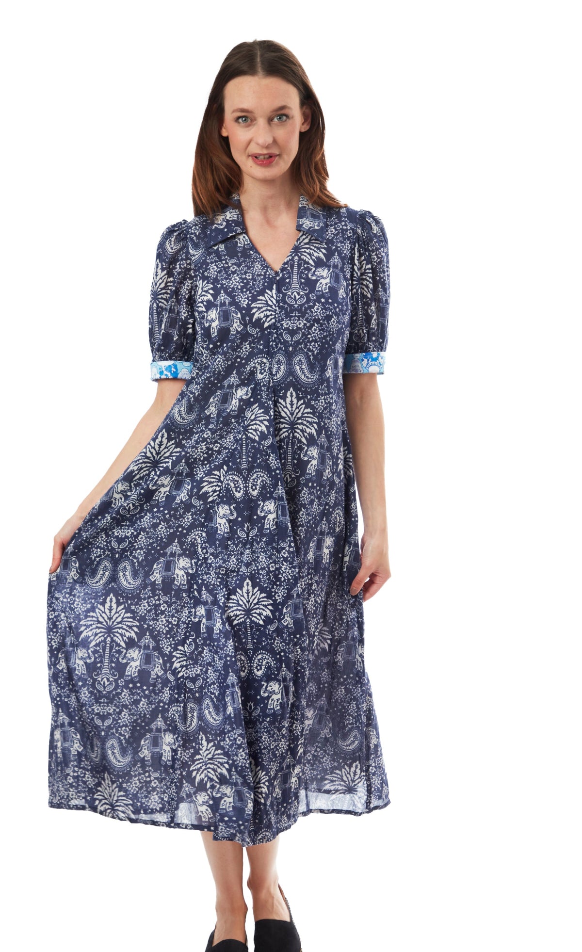 Montauk Dress Navy Elephants And Palm Trees - Glamourous Grace