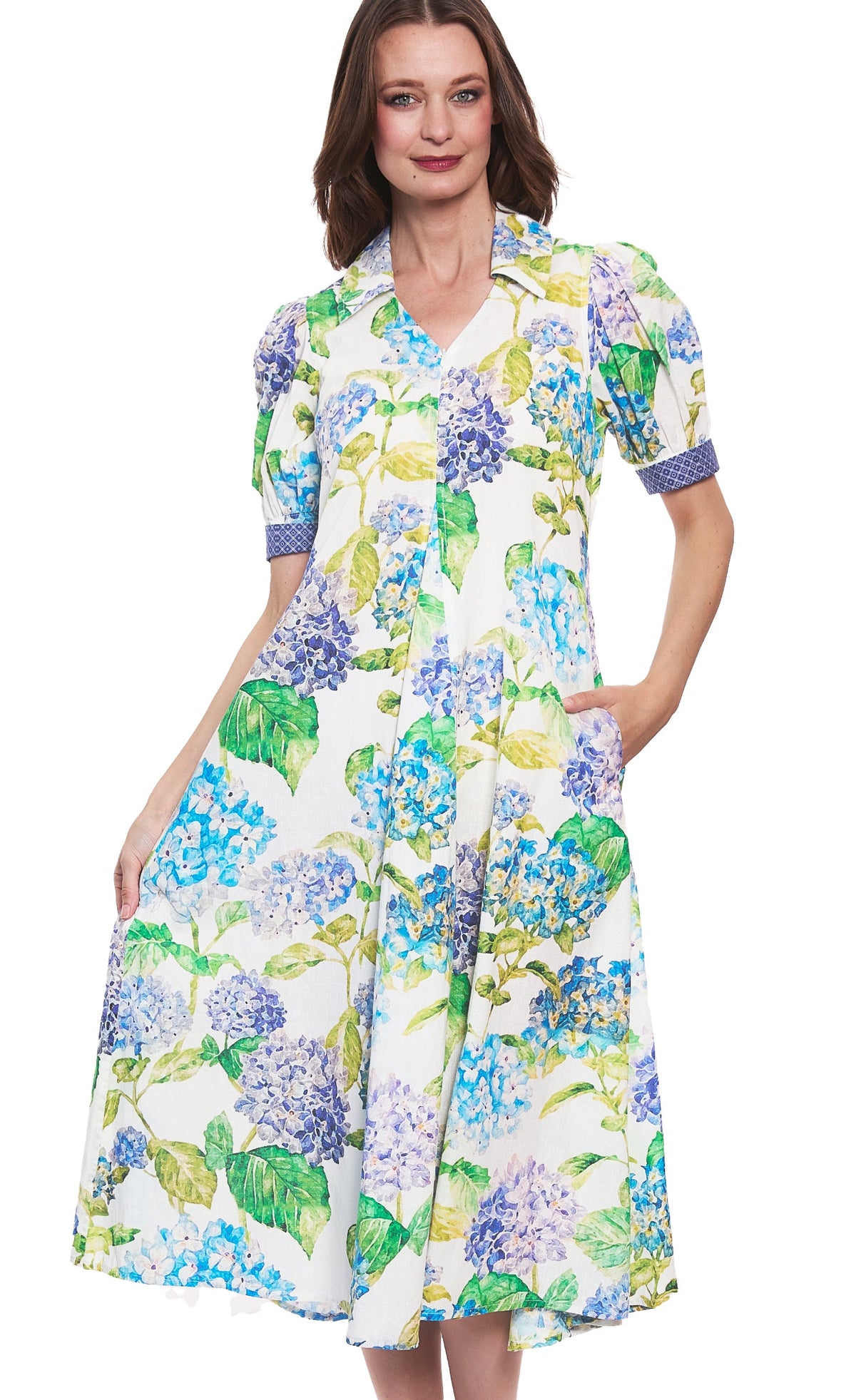 Montauk Dress Linen Cotton Hydrangeas Print - Glamourous Grace
