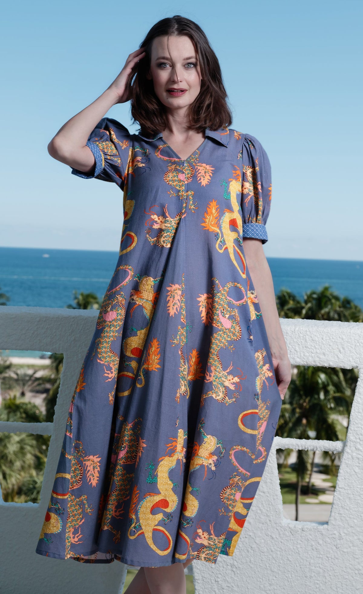 Montauk Dress Linen Cotton Blue Dragons Print - Glamourous Grace