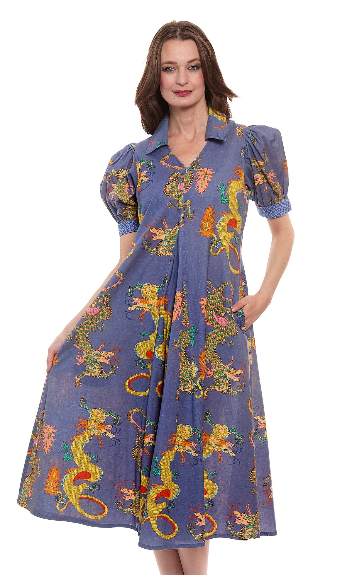 Montauk Dress Linen Cotton Blue Dragons Print - Glamourous Grace
