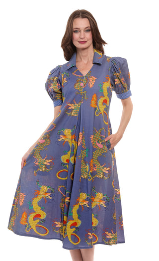 Montauk Dress Linen Cotton Blue Dragons Print - Glamourous Grace