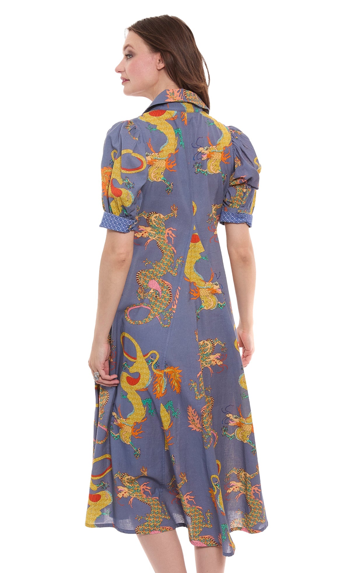 Montauk Dress Linen Cotton Blue Dragons Print - Glamourous Grace