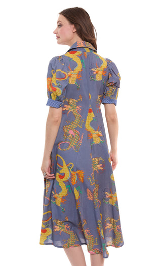 Montauk Dress Linen Cotton Blue Dragons Print - Glamourous Grace