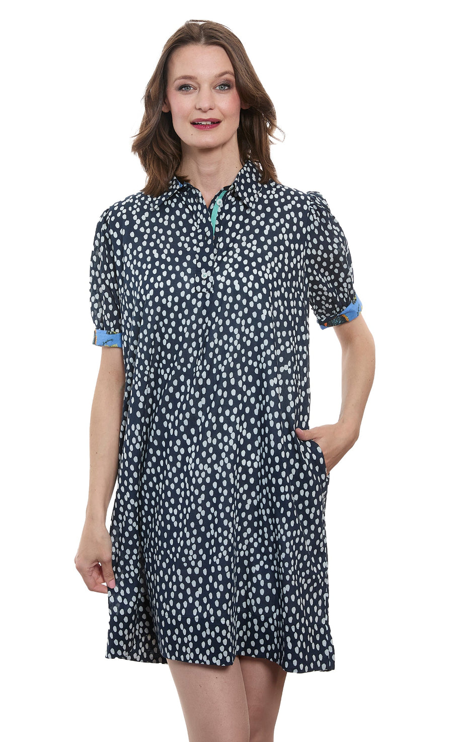 Left Bank Puff Sleeve Dress Navy White Polka Dots - Glamourous Grace
