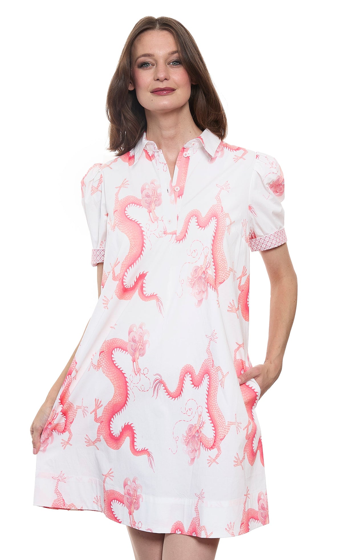 Left Bank Puff Sleeve Cotton Dress in Coral Wht Dragon Print - Glamourous Grace