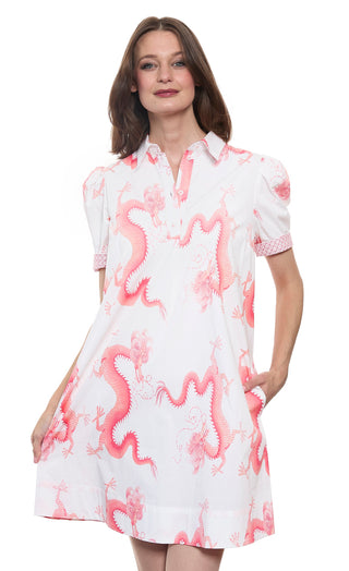 Left Bank Puff Sleeve Cotton Dress in Coral Wht Dragon Print - Glamourous Grace