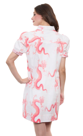 Left Bank Puff Sleeve Cotton Dress in Coral Wht Dragon Print - Glamourous Grace