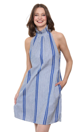 Gulf Coast Halter Dress Blue White Yarndyed Stripe - Glamourous Grace