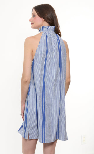 Gulf Coast Halter Dress Blue White Yarndyed Stripe - Glamourous Grace
