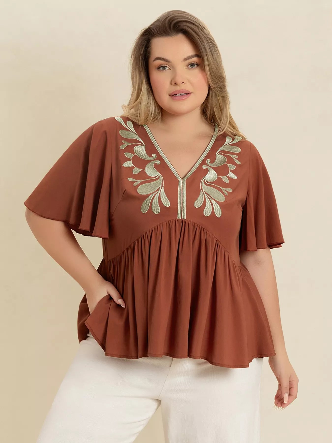 Plus Size Embroidered V-Neck Flutter Sleeve Blouse - Glamourous Grace