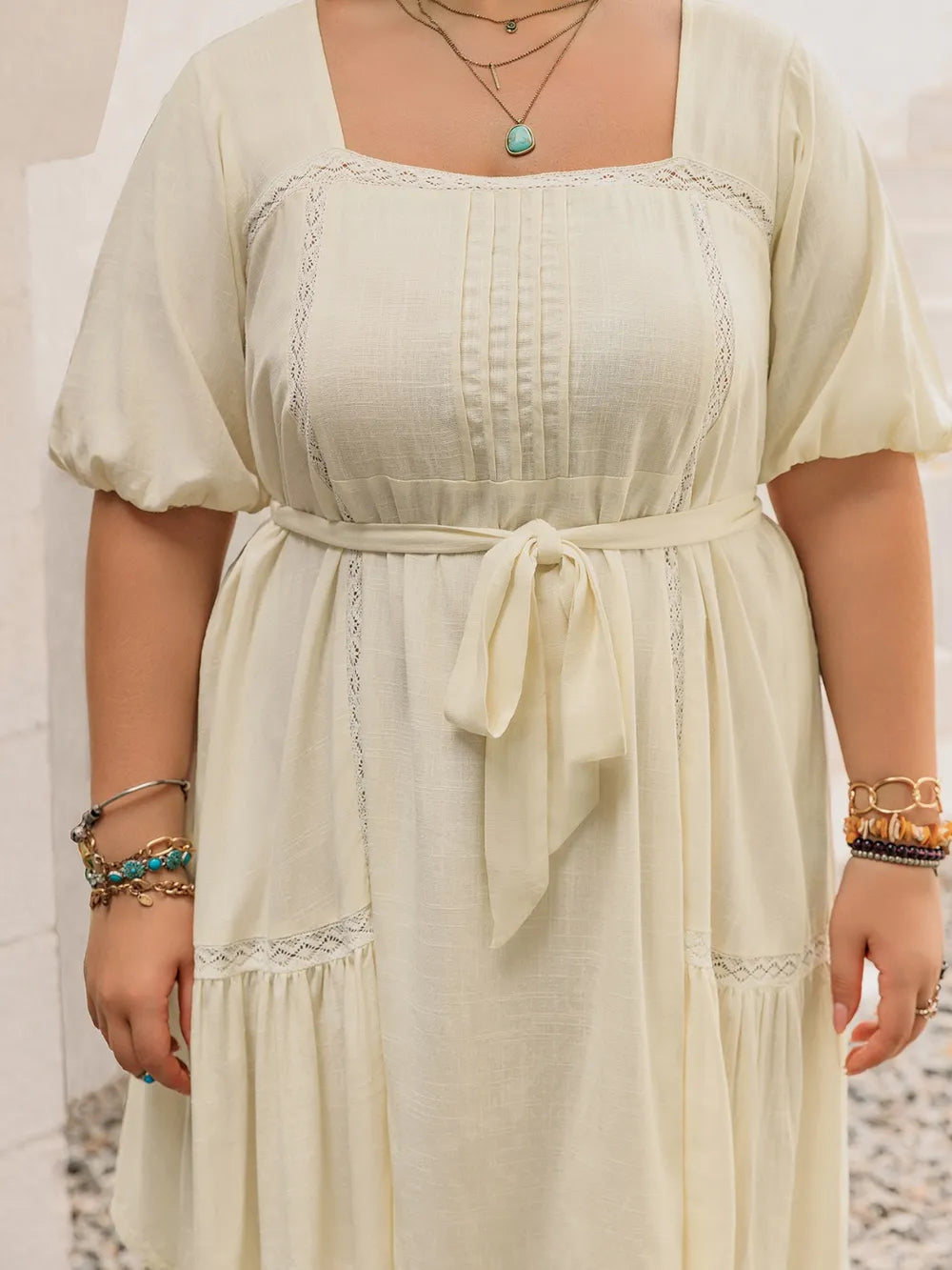 Plus Size Lace Detail Square Neck Puff Sleeve Mini Dress - Glamourous Grace