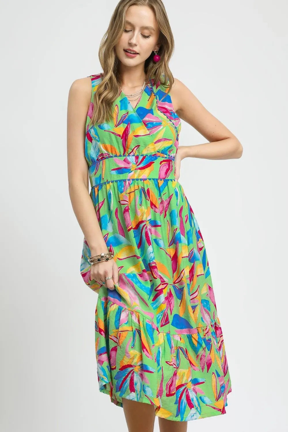 Umgee Ruffled Hem Printed Sleeveless Midi Dress - Glamourous Grace
