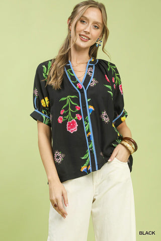 Umgee Botanical Print Contrast Trim Button Blouse - Black Sz L - Glamourous Grace