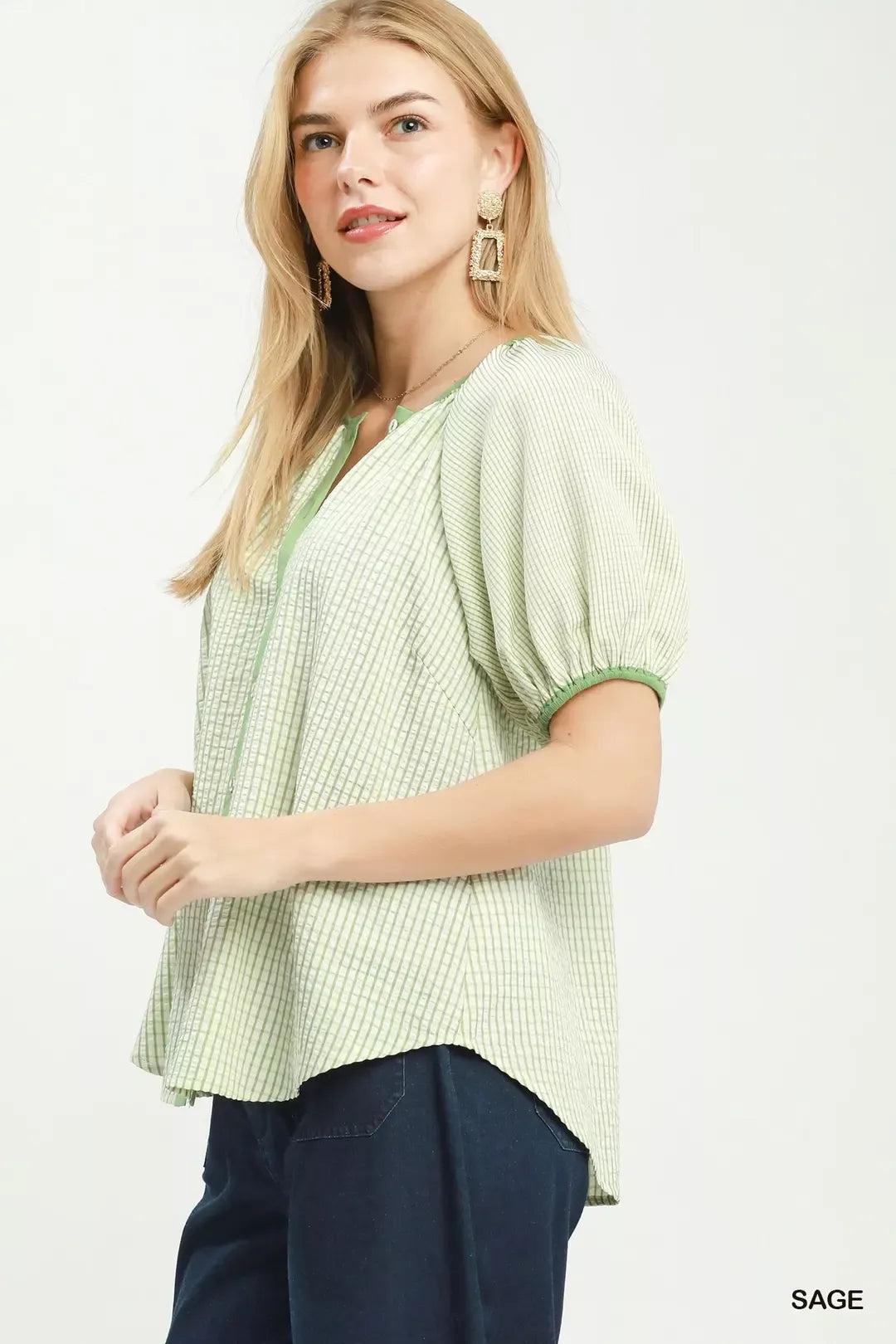 Umgee Checker Puff Sleeve Button Front Blouse - Glamourous Grace